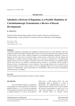 Salsolinol, a Derivate of Dopamine, Is a Possible Modulator of Catecholaminergic Transmission: a Review of Recent Developments
