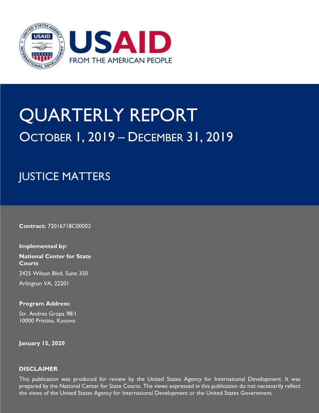 Quarterly Report October 1, 2019 – December 31, 2019