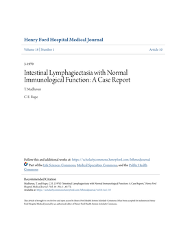 Intestinal Lymphagiectasia with Normal Immunological Function: a Case Report T