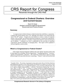 Congressional Or Federal Charters: Overview and Current Issues