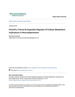 Chchd10, a Novel Bi-Organellar Regulator of Cellular Metabolism: Implications in Neurodegeneration