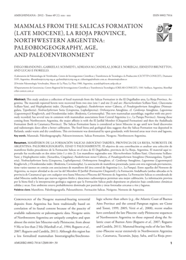 Mammals from the Salicas Formation (Late Miocene), La Rioja Province, Northwestern Argentina: Paleobiogeography, Age, and Paleoenvironment