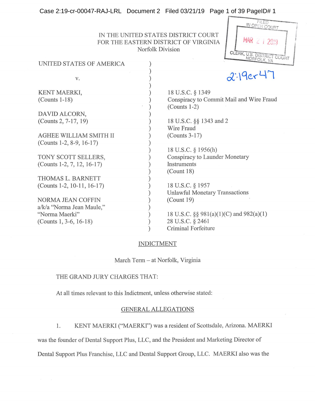 United States V. Maerki, Case No. 2:19-CR-47: Indictment