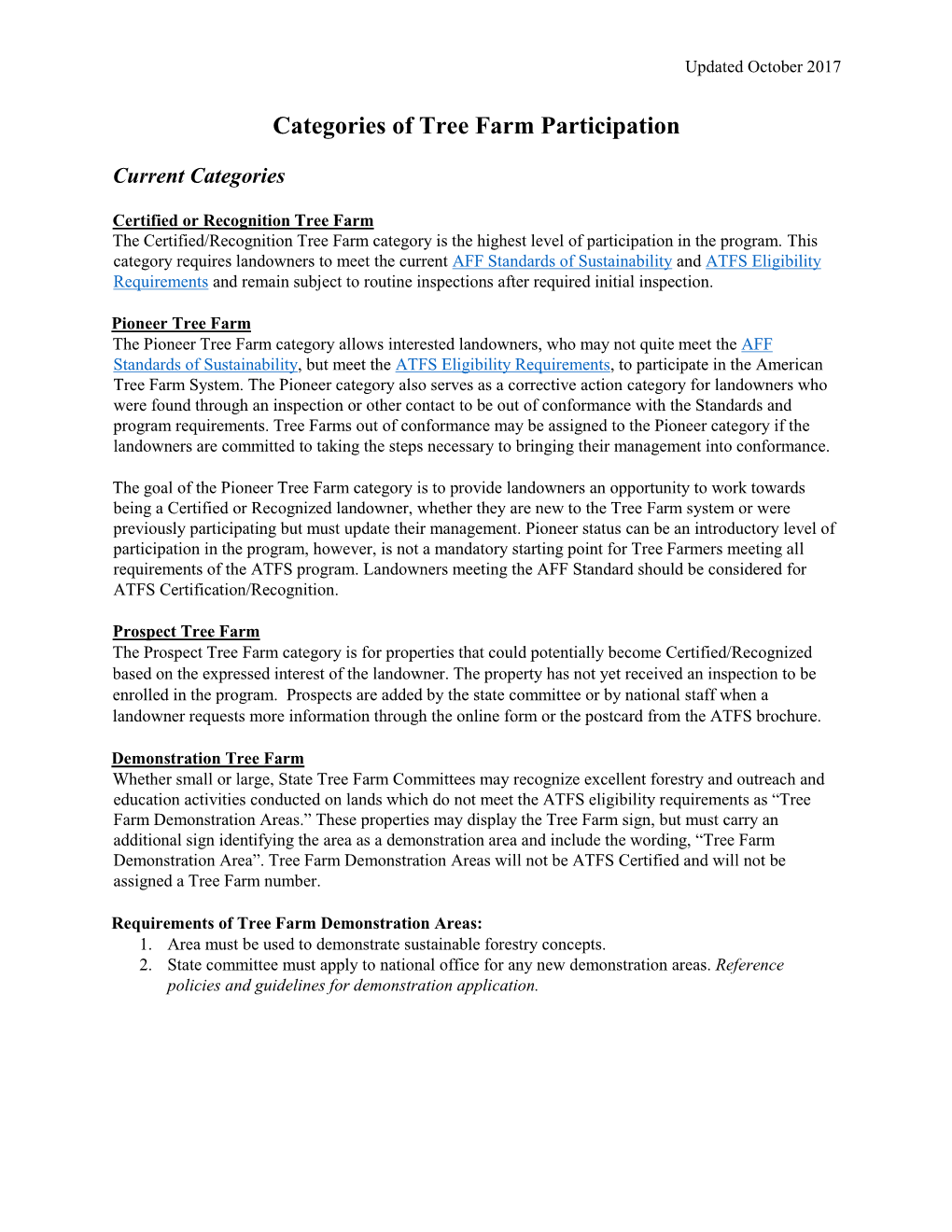 Tree Farm Category Definitions