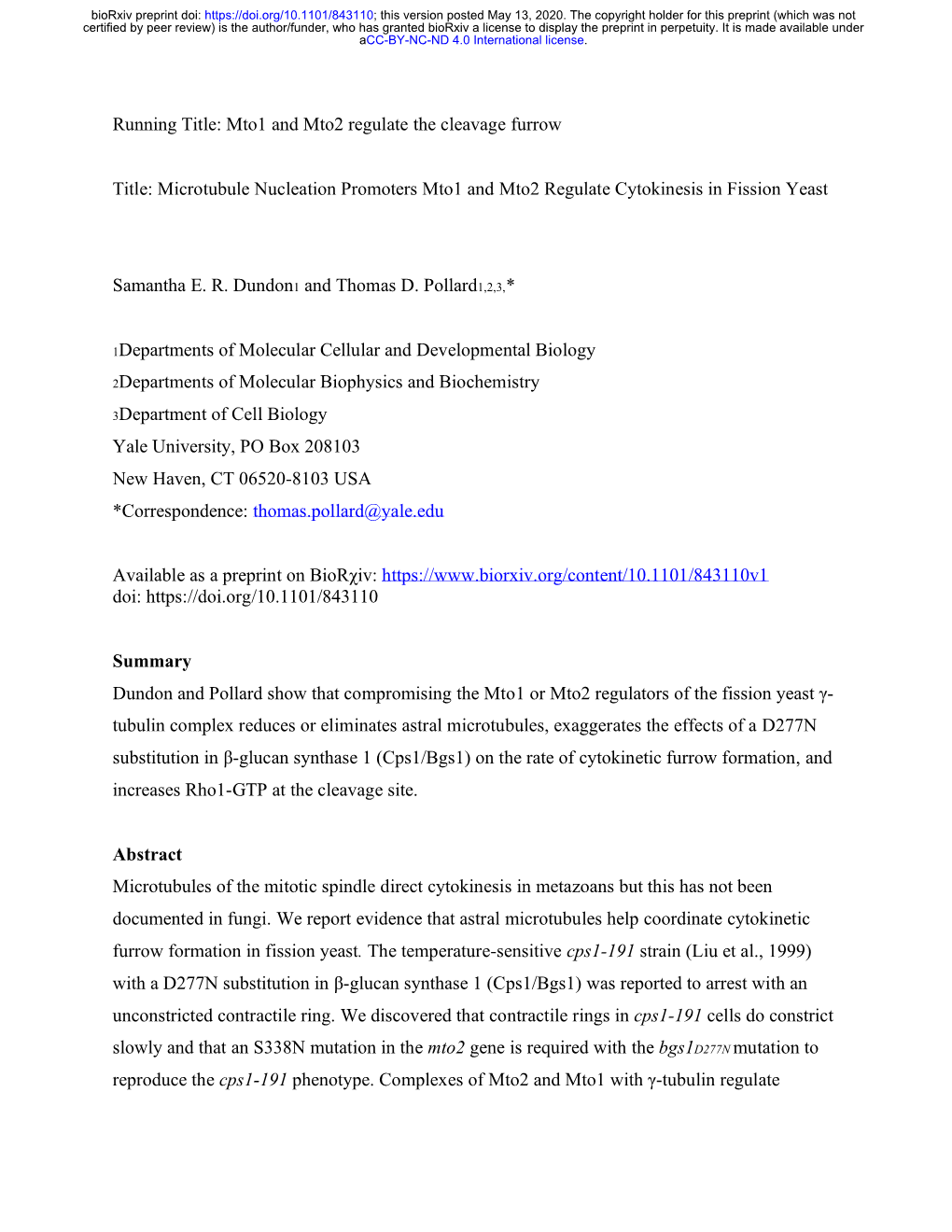 Microtubule Nucleation Promoters Mto1 and Mto2 Regulate Cytokinesis in Fission Yeast