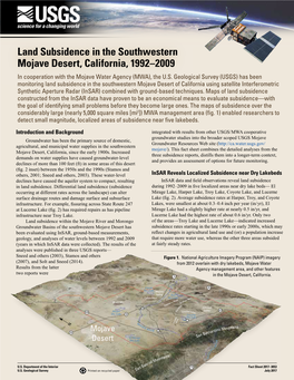 Land Subsidence in the Southwestern Mojave Desert, California, 1992–2009 in Cooperation with the Mojave Water Agency (MWA), the U.S