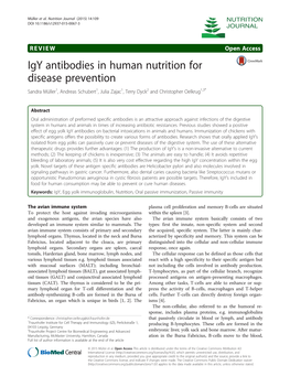 Igy Antibodies in Human Nutrition for Disease Prevention Sandra Müller1, Andreas Schubert1, Julia Zajac1, Terry Dyck2 and Christopher Oelkrug1,3*