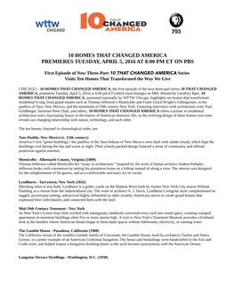 10 Homes That Changed America Premieres Tuesday, April 5, 2016 at 8:00 Pm Et on Pbs