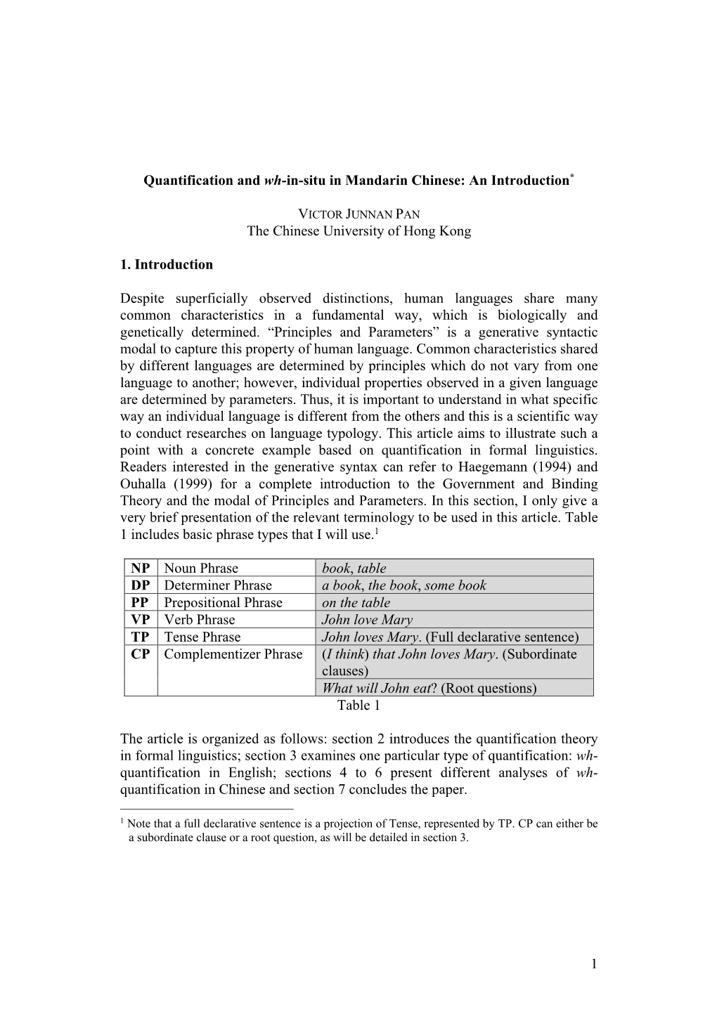 1 Quantification and Wh-In-Situ in Mandarin Chinese