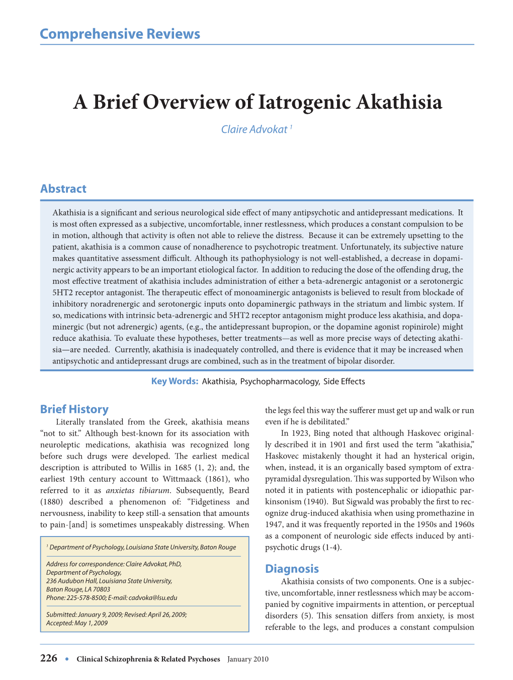 A Brief Overview of Iatrogenic Akathisia Claire Advokat 1