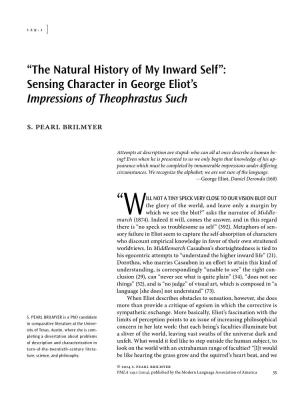 “The Natural History of My Inward Self”: Sensing Character in George Eliot’S Impressions of Theophrastus Such S