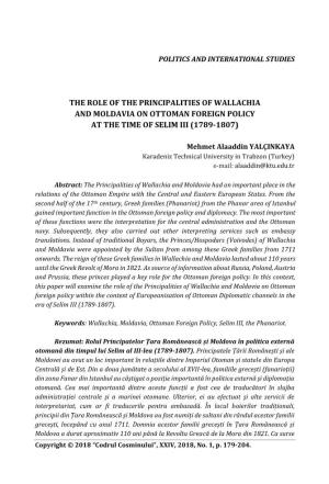 The Role of the Principalities of Wallachia and Moldavia on Ottoman Foreign Policy at the Time of Selim Iii (1789-1807)