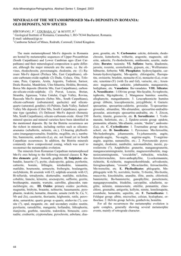 MINERALS of the METAMORPHOSED Mn-Fe DEPOSITS in ROMANIA: OLD DEPOSITS, NEW SPECIES