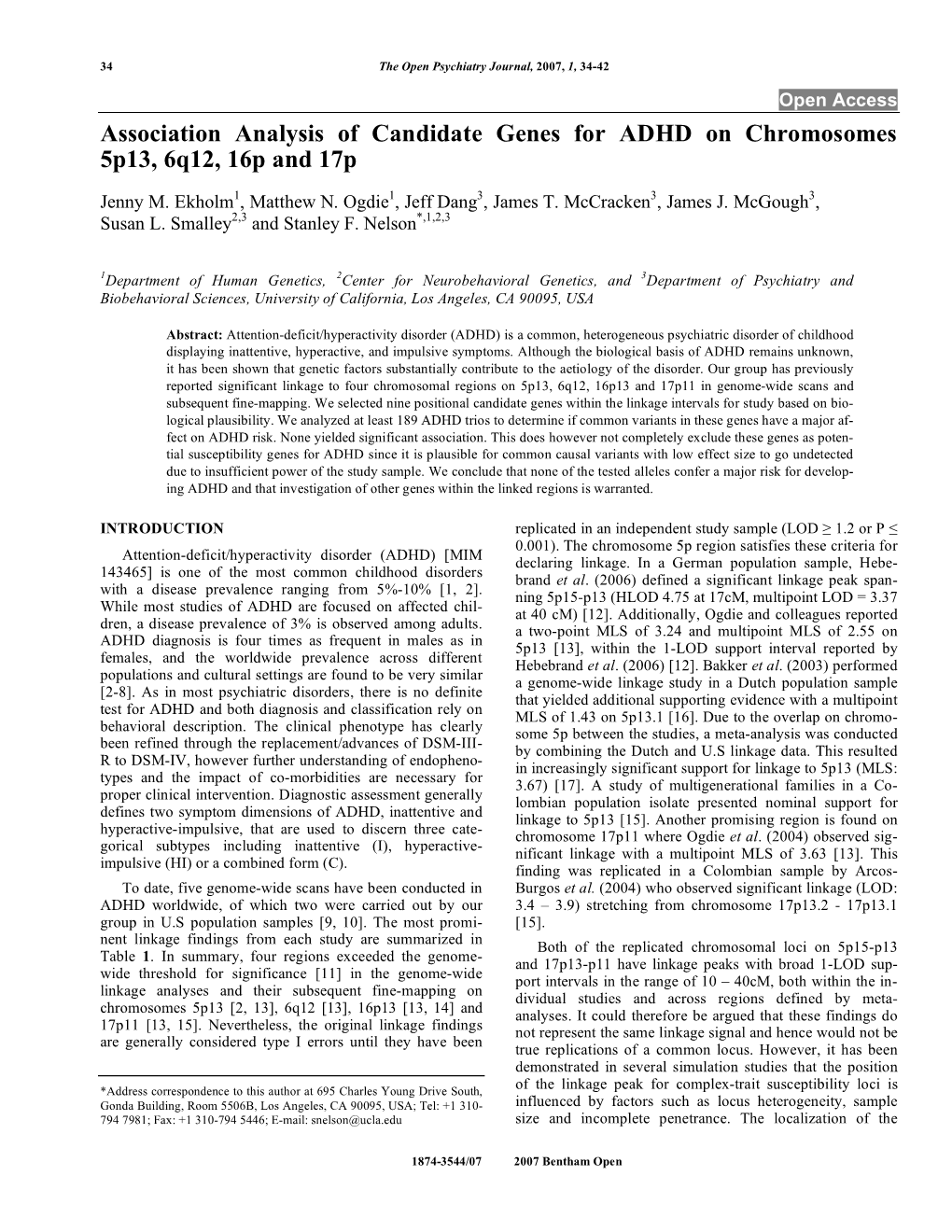 Association Analysis of Candidate Genes for ADHD on Chromosomes 5P13, 6Q12, 16P and 17P