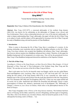 Research on the Life of Shao Yong Qing MING1,A