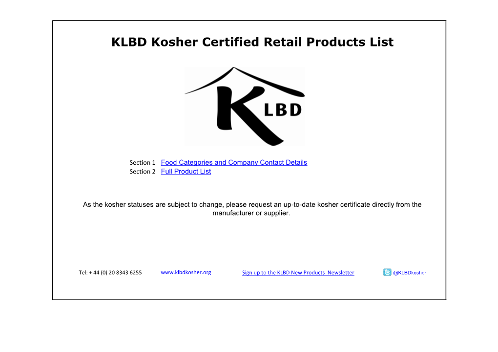 KLBD Kosher Certified Retail Products List
