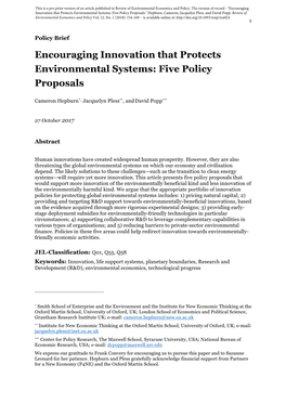 Encouraging Innovation That Protects Environmental Systems: Five Policy Proposals." Hepburn, Cameron, Jacquelyn Pless, and David Popp