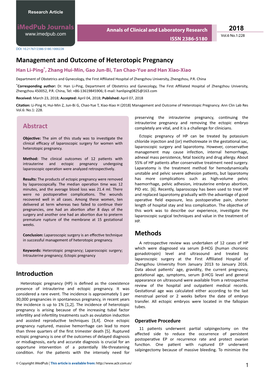 Management and Outcome of Heterotopic Pregnancy Han Li-Ping*, Zhang Hui-Min, Gao Jun-Bi, Tan Chao-Yue and Han Xiao-Xiao