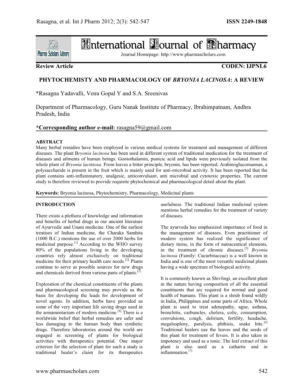 Phytochemisty and Pharmacology of Bryonia Lacinosa: a Review