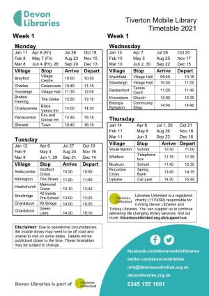 Tiverton Mobile Library Timetable 2021
