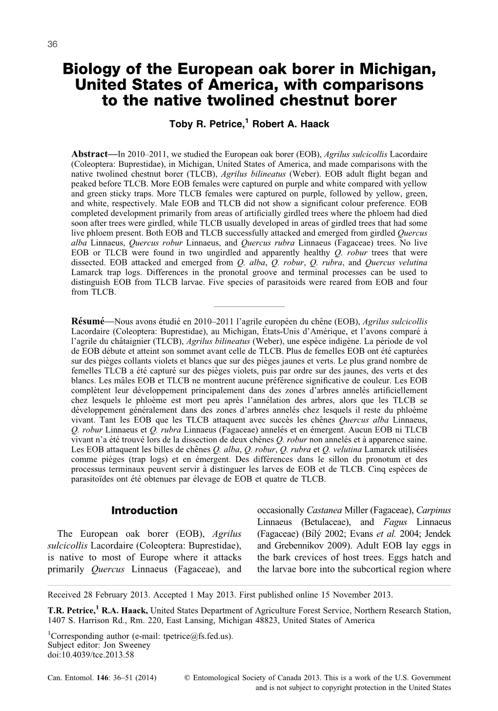 Biology of the European Oak Borer in Michigan, United States of America, with Comparisons to the Native Twolined Chestnut Borer