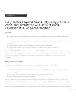 Hollyfrontier Corporation and Holly Energy Partners Announce Combination with Sinclair Oil and Formation of HF Sinclair Corporation