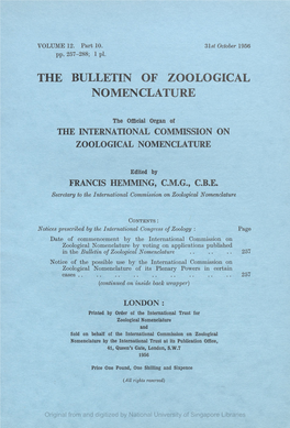 The Bulletin of Zoological Nomenclature. Vol 12, Part 10
