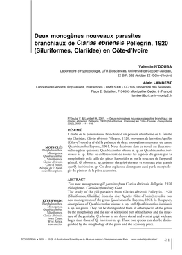 Deux Monogènes Nouveaux Parasites Branchiaux De Clarias Ebriensis Pellegrin, 1920 (Siluriformes, Clariidae) En Côte-D’Ivoire