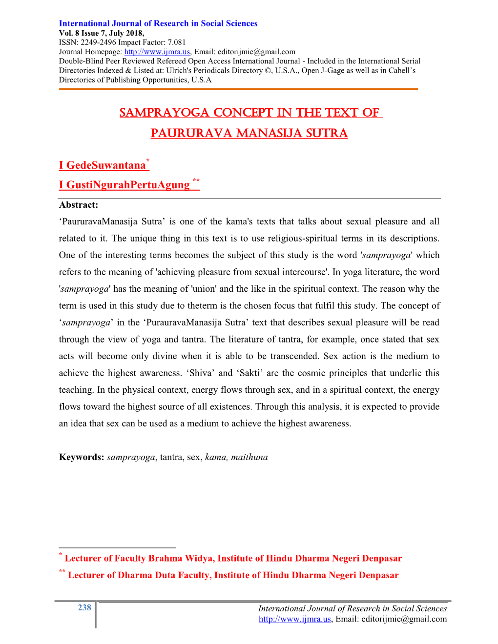 Samprayoga Concept in the Text of Paururava Manasija Sutra