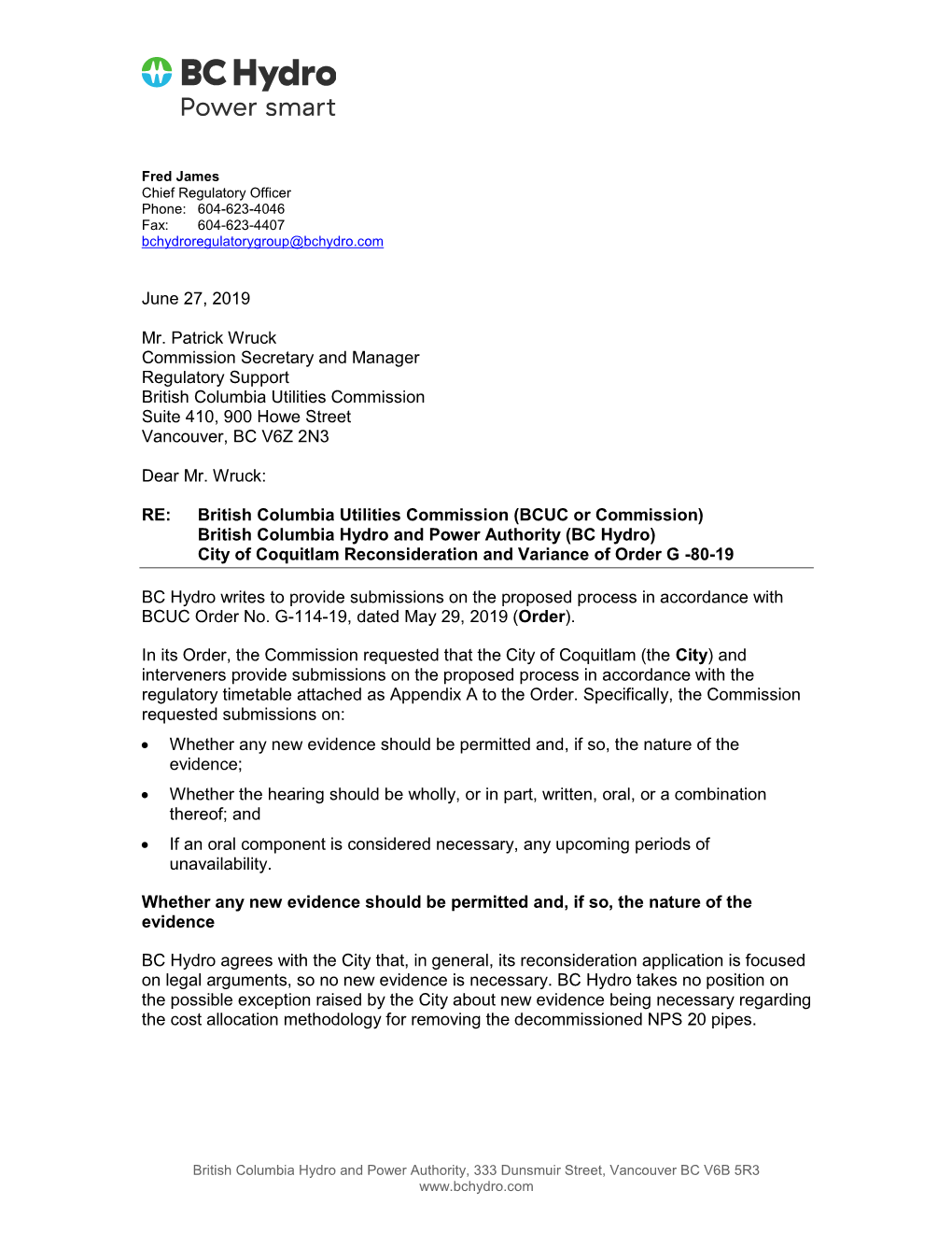 2019 06 27 BC Hydro Submission on Process