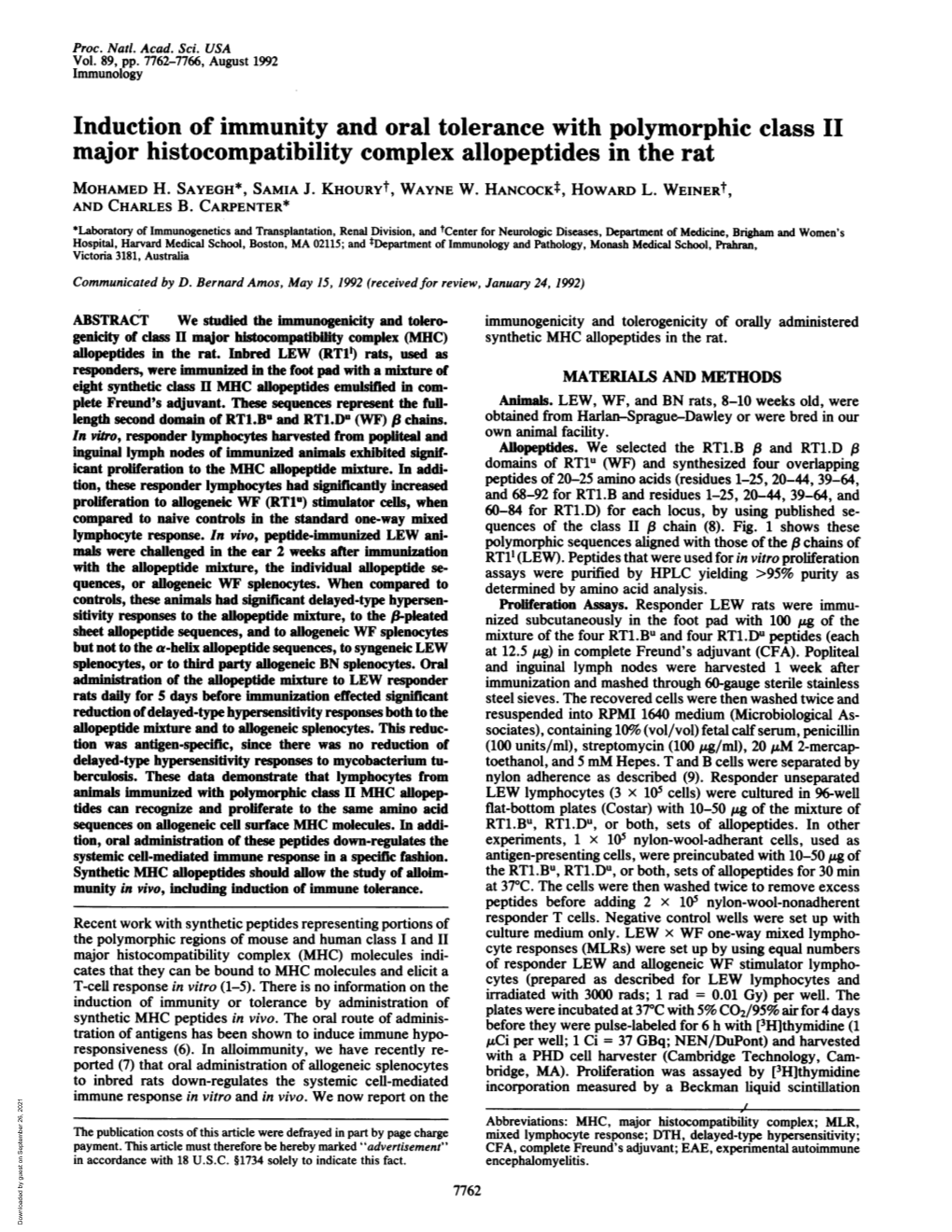 Major Histocompatibility Complex Allopeptides in the Rat MOHAMED H