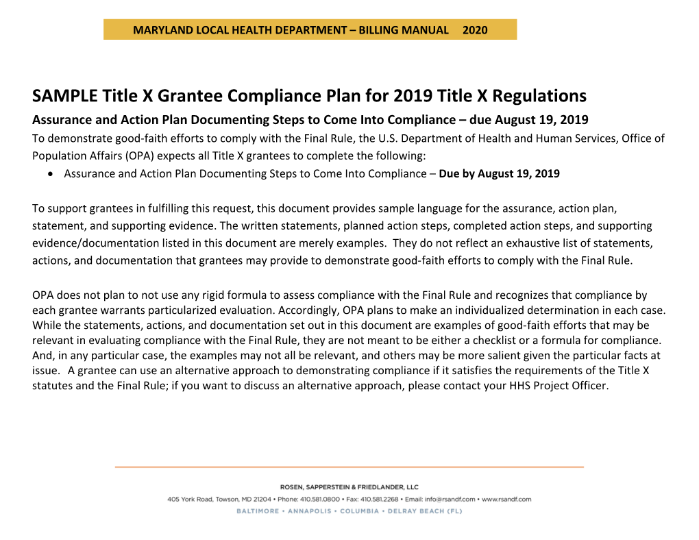 SAMPLE Title X Grantee Compliance Plan for 2019 Title X Regulations