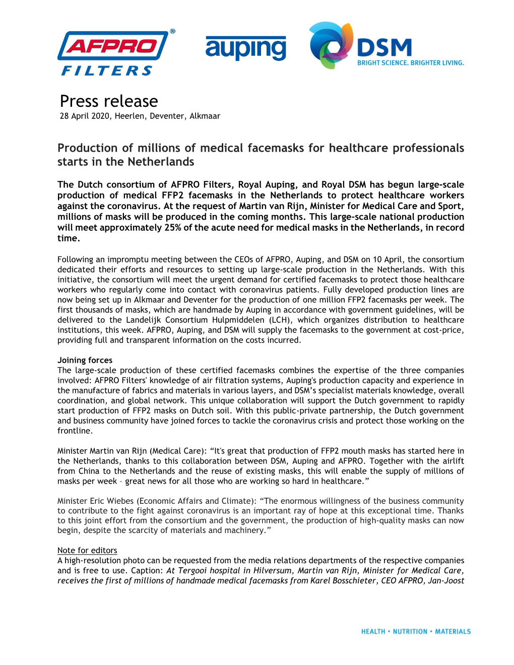 Press Release 28 April 2020, Heerlen, Deventer, Alkmaar