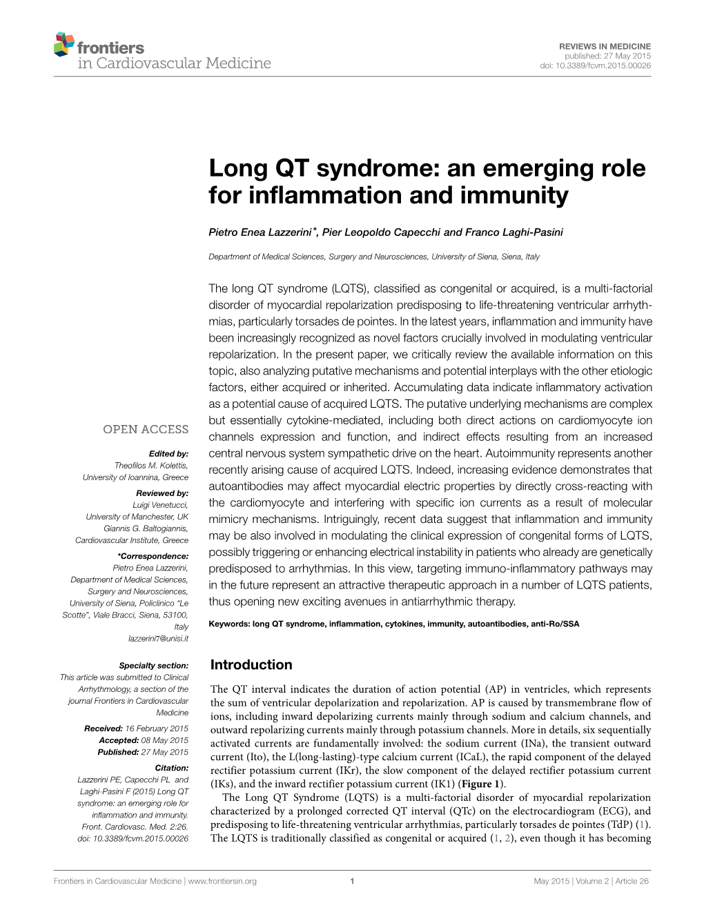 Long QT Syndrome: an Emerging Role for Inflammation and Immunity