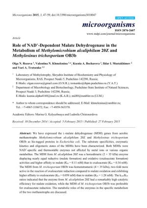 Role of NAD+-Dependent Malate Dehydrogenase in the Metabolism of Methylomicrobium Alcaliphilum 20Z and Methylosinus Trichosporium Ob3b