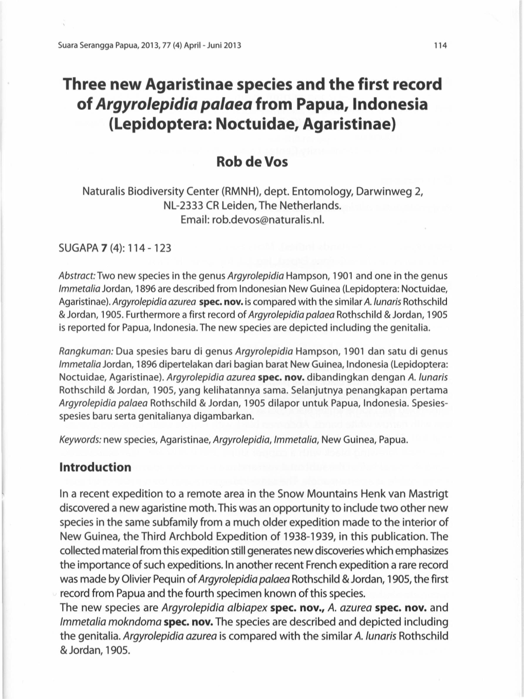 3. Rob De Vos. Three New Agaristinae Species and the First Record of Argyrolepidia Palaea From