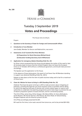 Tuesday 3 September 2019 Votes and Proceedings