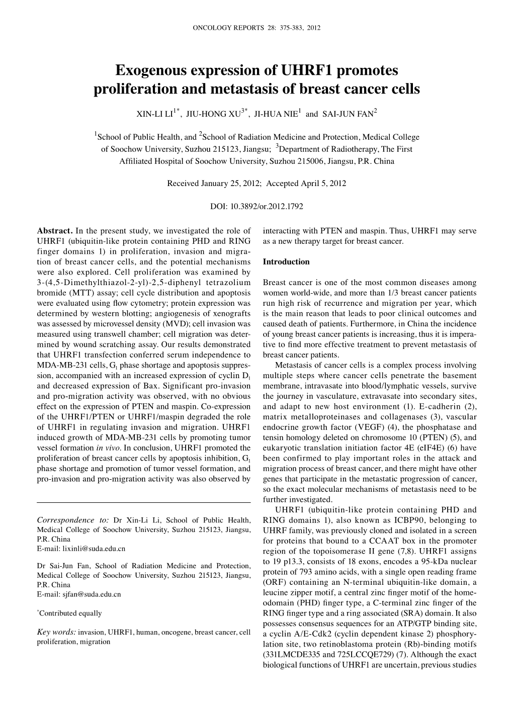 Exogenous Expression of UHRF1 Promotes Proliferation and Metastasis of Breast Cancer Cells