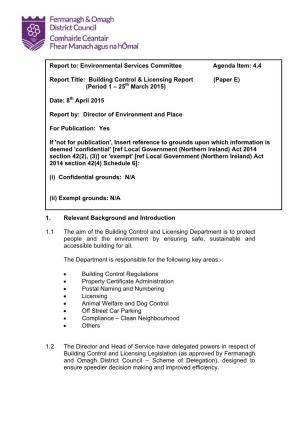 Building Control & Licensing Report (Paper E