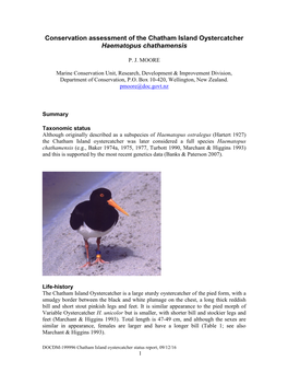 Conservation Assessment of the Chatham Island Oystercatcher Haematopus Chathamensis