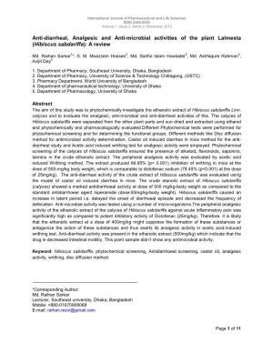 Anti-Diarrheal, Analgesic and Anti-Microbial Activities of the Plant Lalmesta (Hibiscus Sabdariffa ): a Review