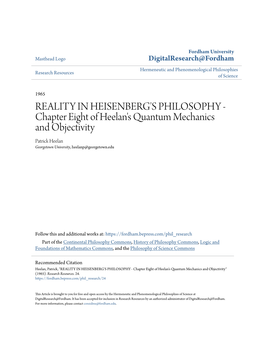 REALITY in HEISENBERG's PHILOSOPHY - Chapter Eight of Heelan's Quantum Mechanics and Objectivity Patrick Heelan Georgetown University, Heelanp@Georgetown.Edu