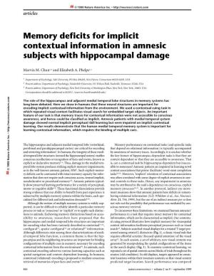 Memory Deficits for Implicit Contextual Information in Amnesic Subjects with Hippocampal Damage