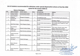 List of Students Recommended for Admission Under Special Dispensation Scheme of Hon'ble HRM Quota for the Session 2020-21 Name of Theregion MUMBAI S.No