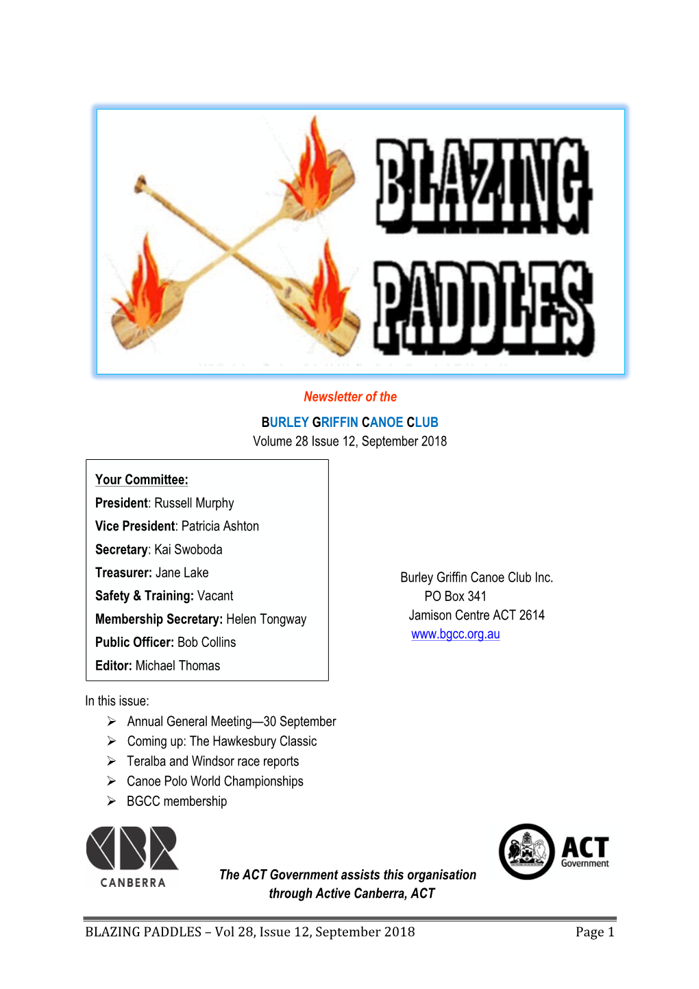 BLAZING PADDLES – Vol 28, Issue 12, September 2018 Page 1 Contents