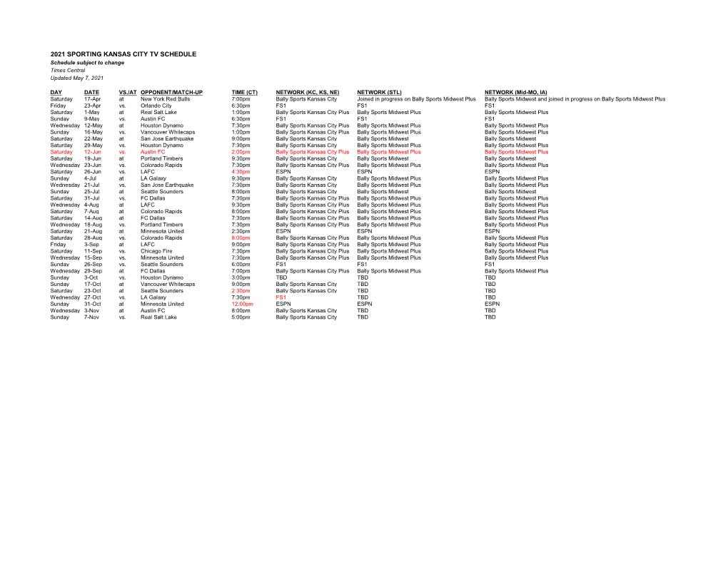 2021 Sporting Kansas City TV Schedule.Xlsx