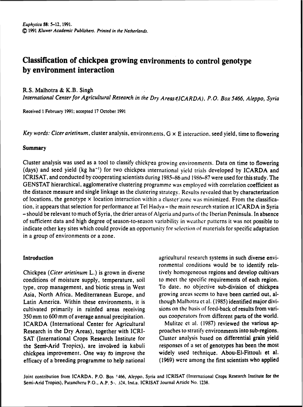 Classification of Chickpea Growing Environments to Control Genotype by Environment Interaction