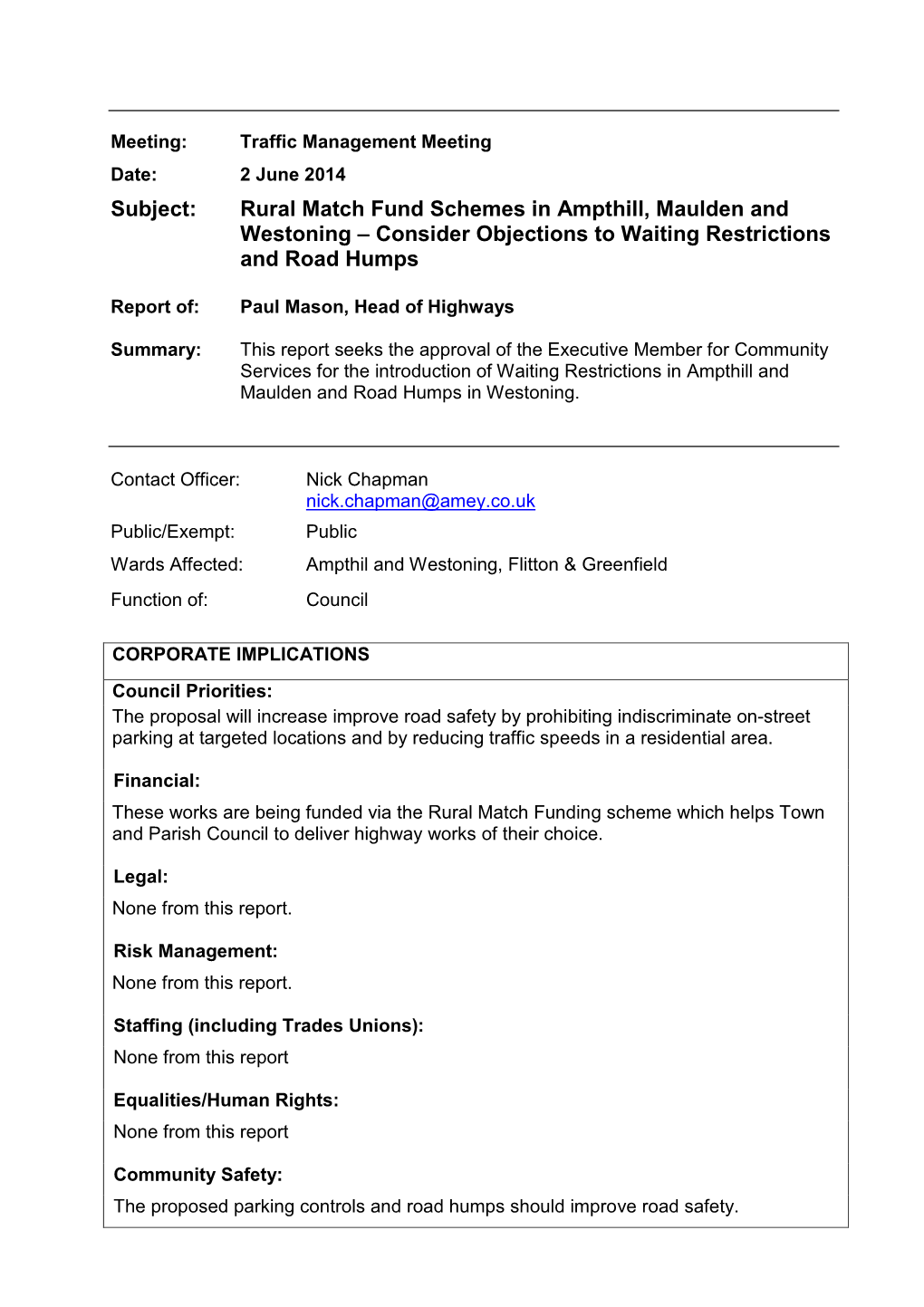 Rural Match Fund Schemes in Ampthill, Maulden and Westoning – Consider Objections to Waiting Restrictions and Road Humps