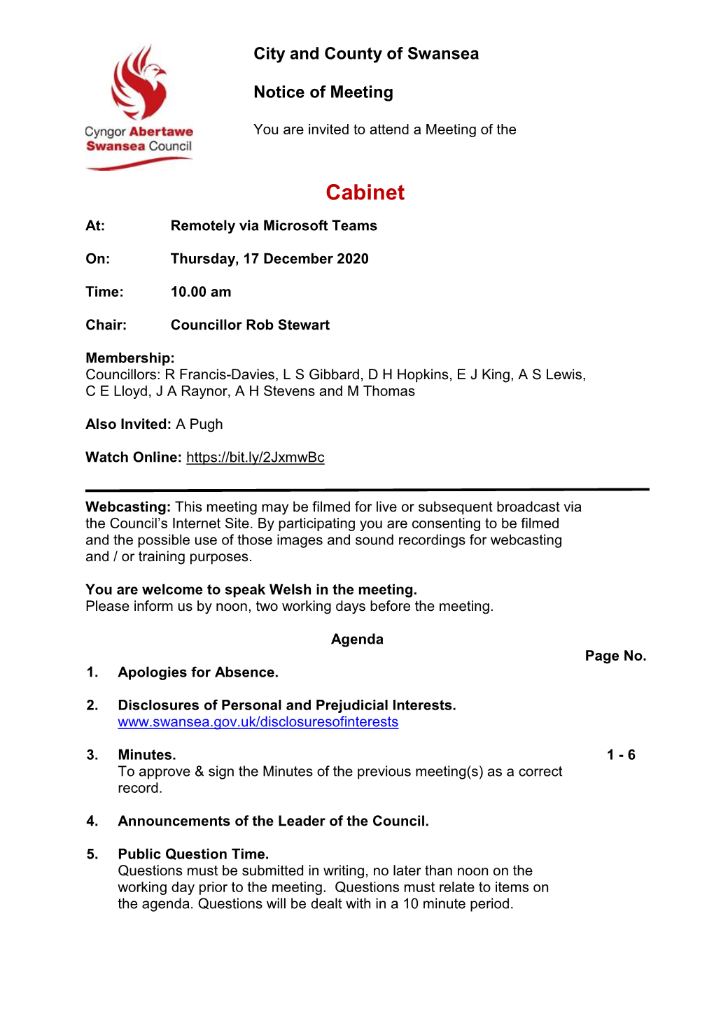 (Public Pack)Agenda Document for Cabinet, 17/12/2020 10:00