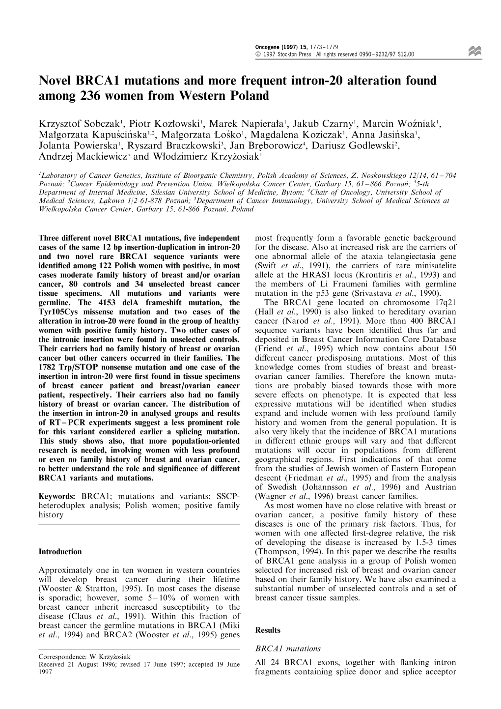 Novel BRCA1 Mutations and More Frequent Intron-20 Alteration Found Among 236 Women from Western Poland